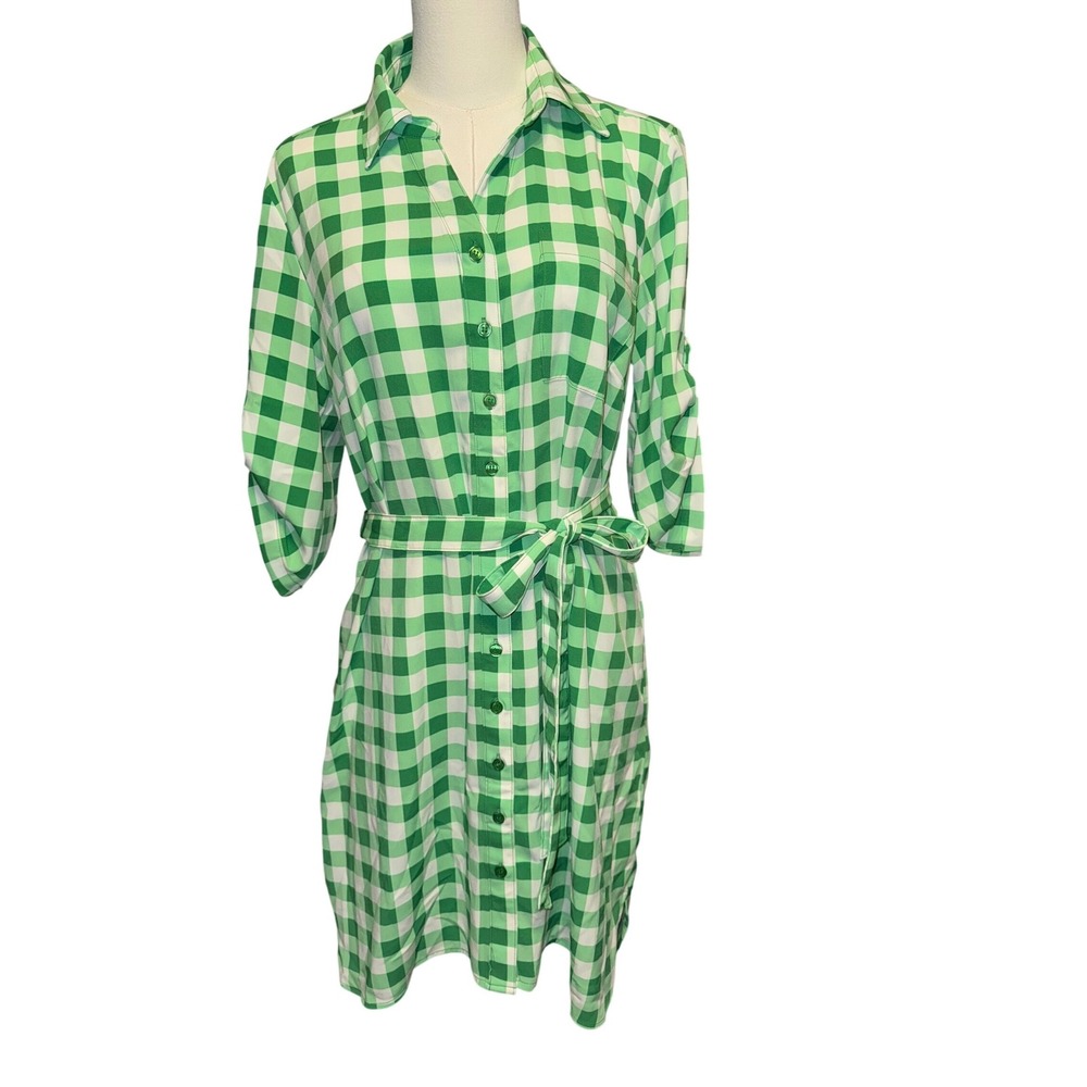 NY and Company Womens Green Gingham Plaid‎ Shirt Dress Roll Tab Sleeve Large NEW